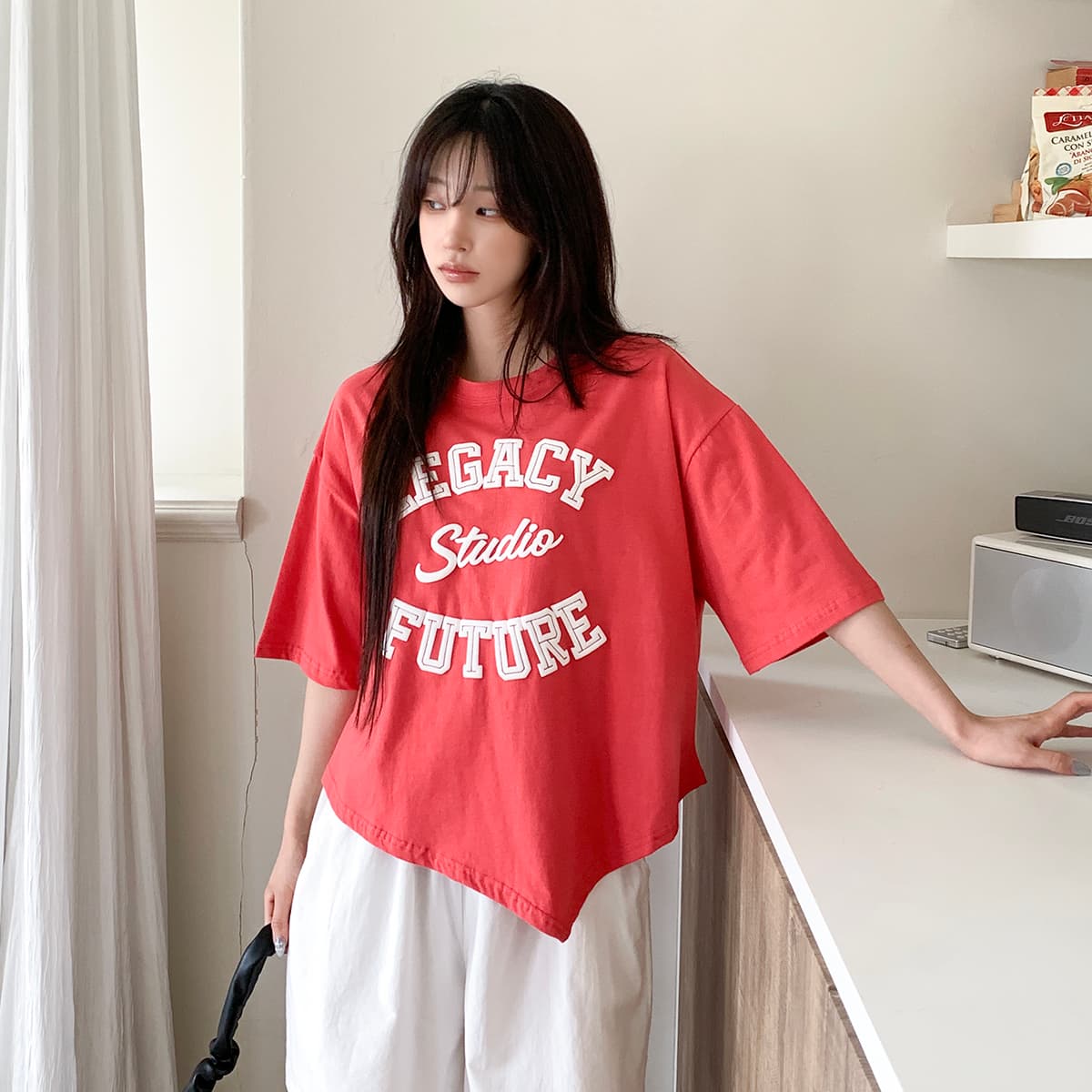 Asymmetrical Print T-shirt (New Summer Short Sleeve T-shirt Boxy T-shirt Cotton T-shirt Round Neck Printed T-shirt) - 이미지 2