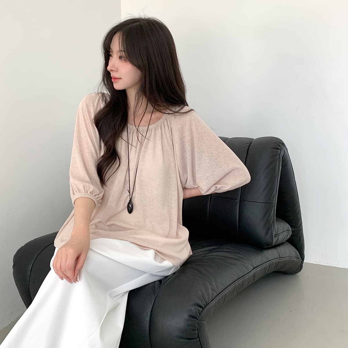 Shirred Blouse (New Summer Short Sleeve Cool Fabric Shirred Top U-Neck) - 이미지 5