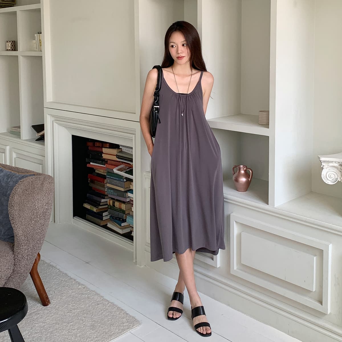 Shirred Strap Pocket Dress (New Summer Flowy Strap Dress Long Dress Cool Dress Sleeveless Dress) - 이미지 7