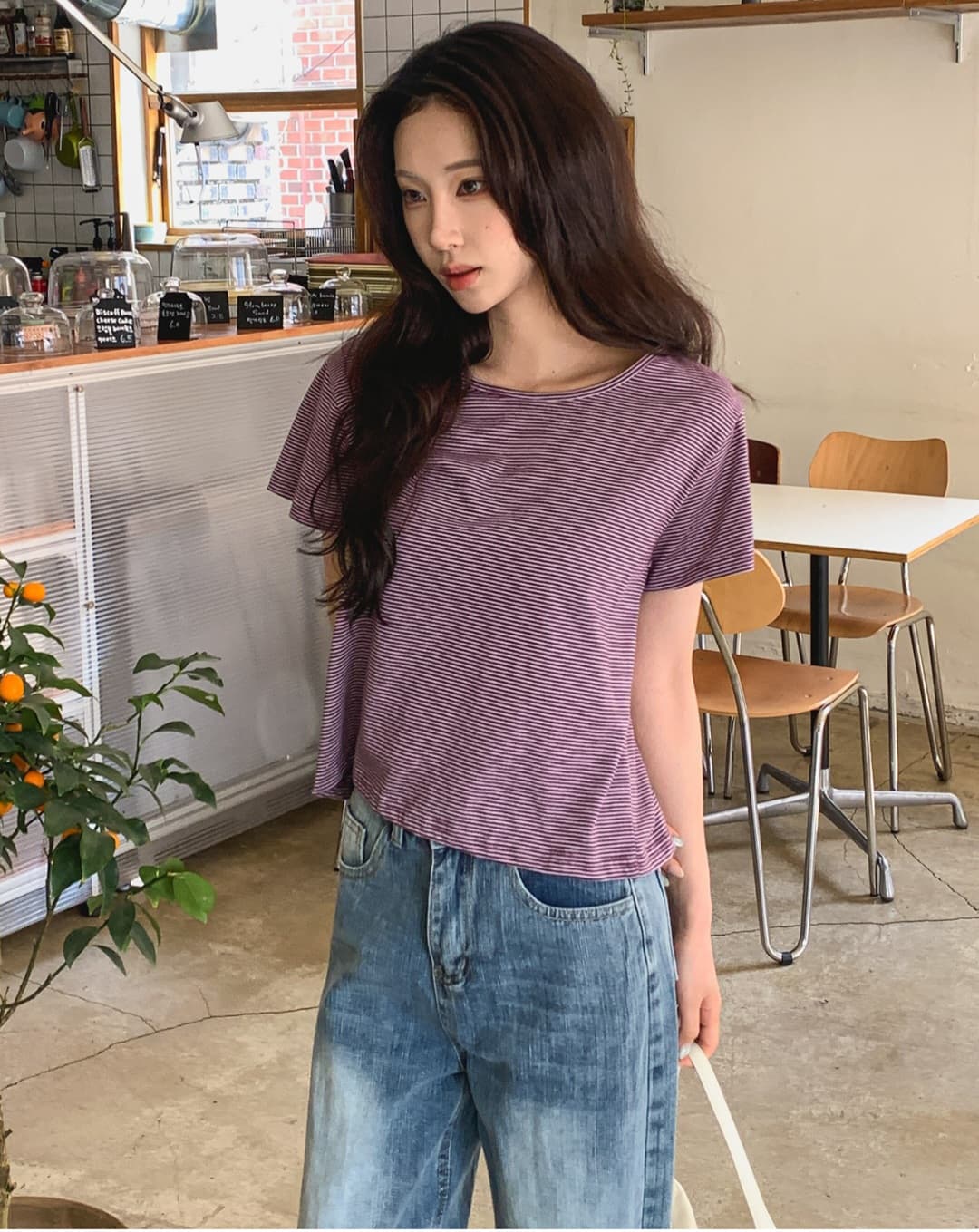 Milk Striped T-shirt (Basic Short Sleeve Striped Round Neck - 이미지 2