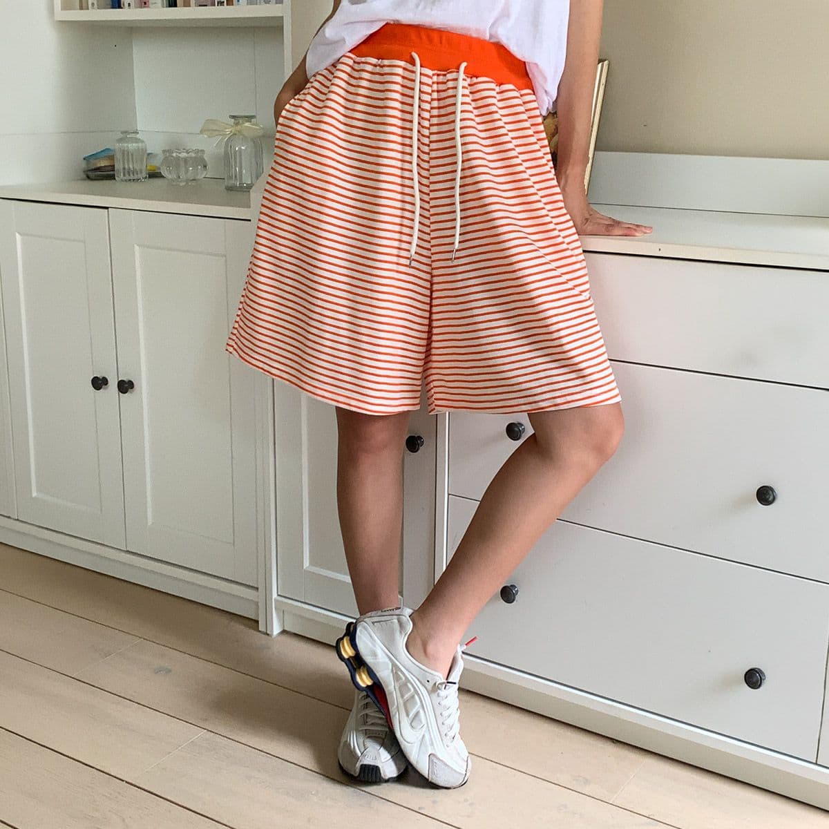 Label Striped Pants (Striped 5-quarter length pants plus size casual) - 이미지 1