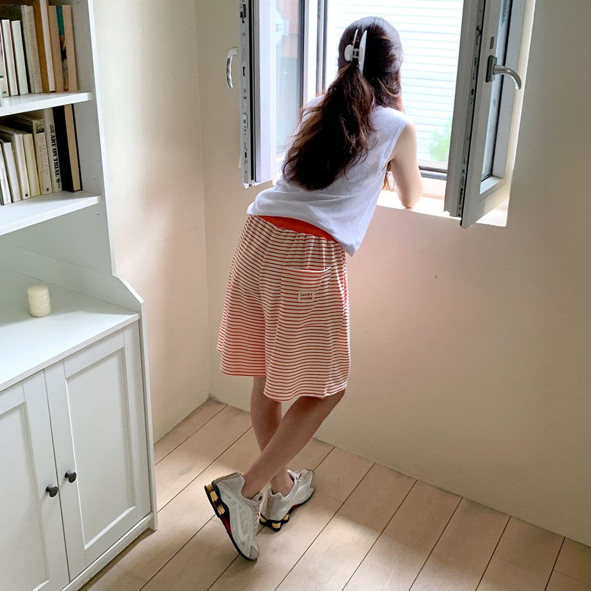 Label Striped Pants (Striped 5-quarter length pants plus size casual) - 이미지 4