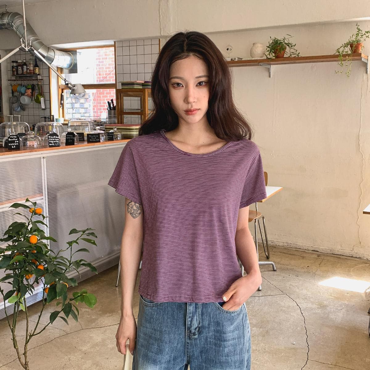 Milk Striped T-shirt (Basic Short Sleeve Striped Round Neck - 이미지 1