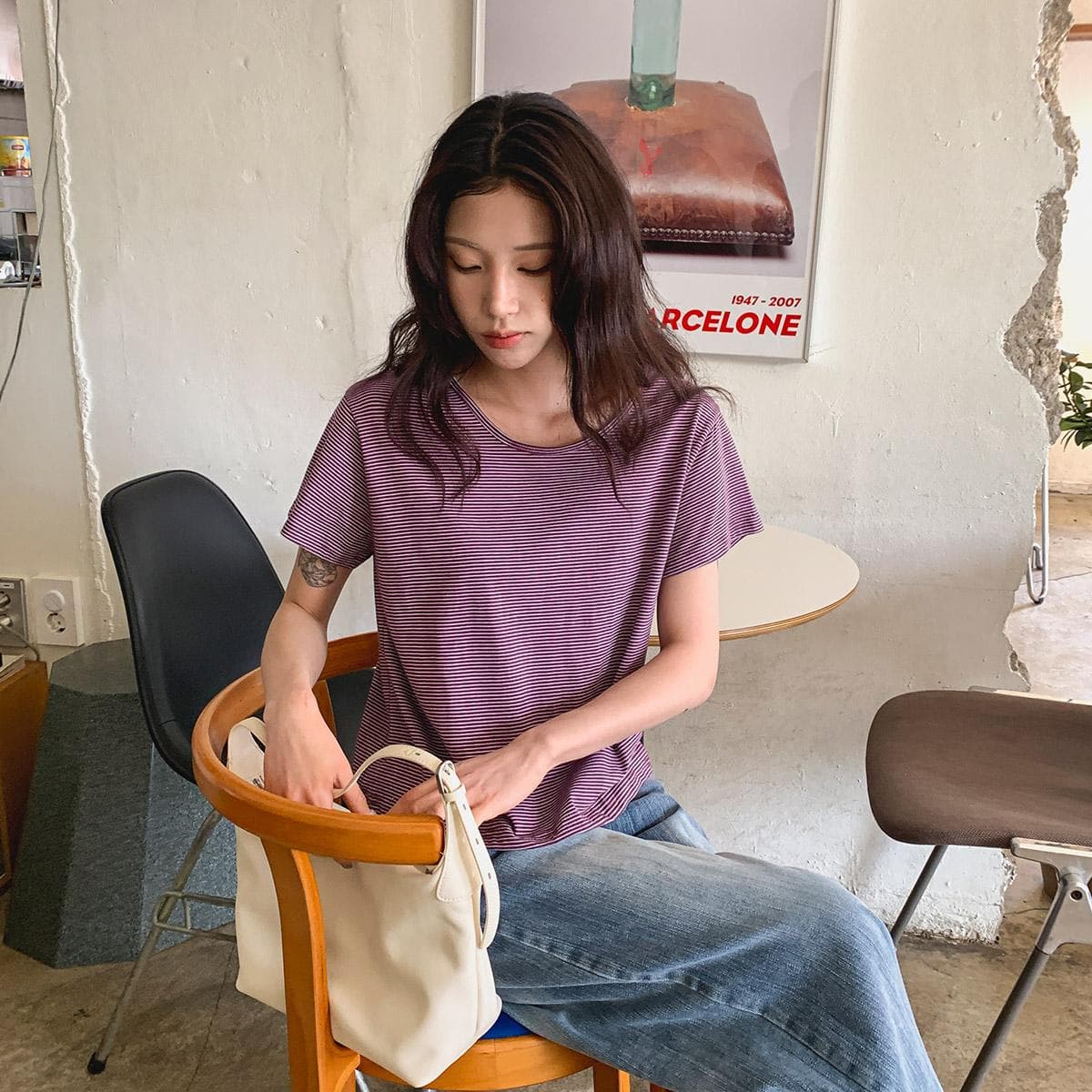 Milk Striped T-shirt (Basic Short Sleeve Striped Round Neck - 이미지 6