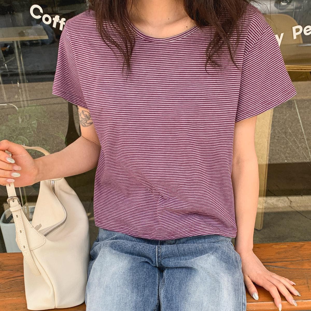 Milk Striped T-shirt (Basic Short Sleeve Striped Round Neck - 이미지 4