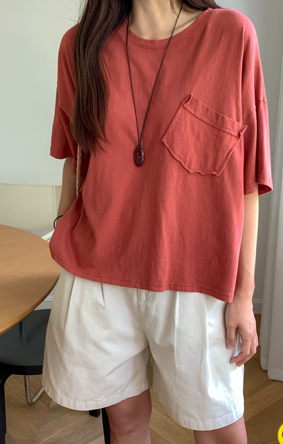 Raw Pocket Washed T-shirt (Washed Pocket Round Neck Cotton Short Sleeve - 이미지 1