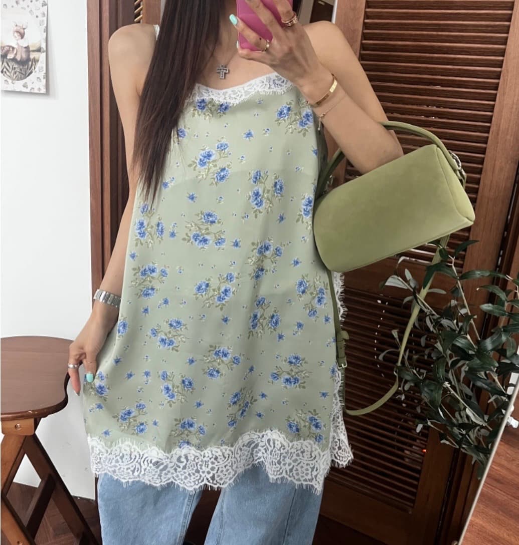 Flower lace trimmed sleeveless long top - 이미지 1