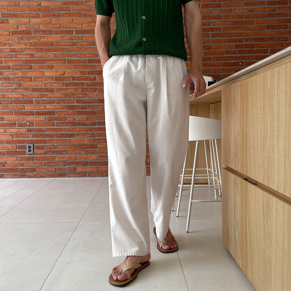 No. 669 Linen Single-Pleat Wide Pants Elastic Waist Wide - 이미지 15